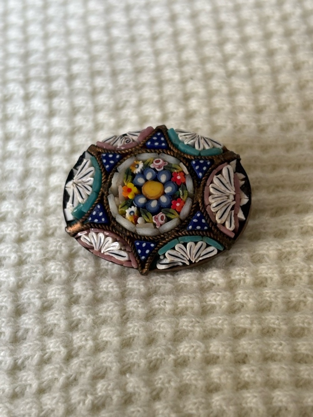 Antique Italian Floral Glass Micro Mosaic Mini Mosaic Brooch Pin